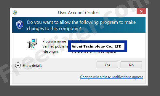 Screenshot where Anvei Technology Co., LTD appears as the verified publisher in the UAC dialog